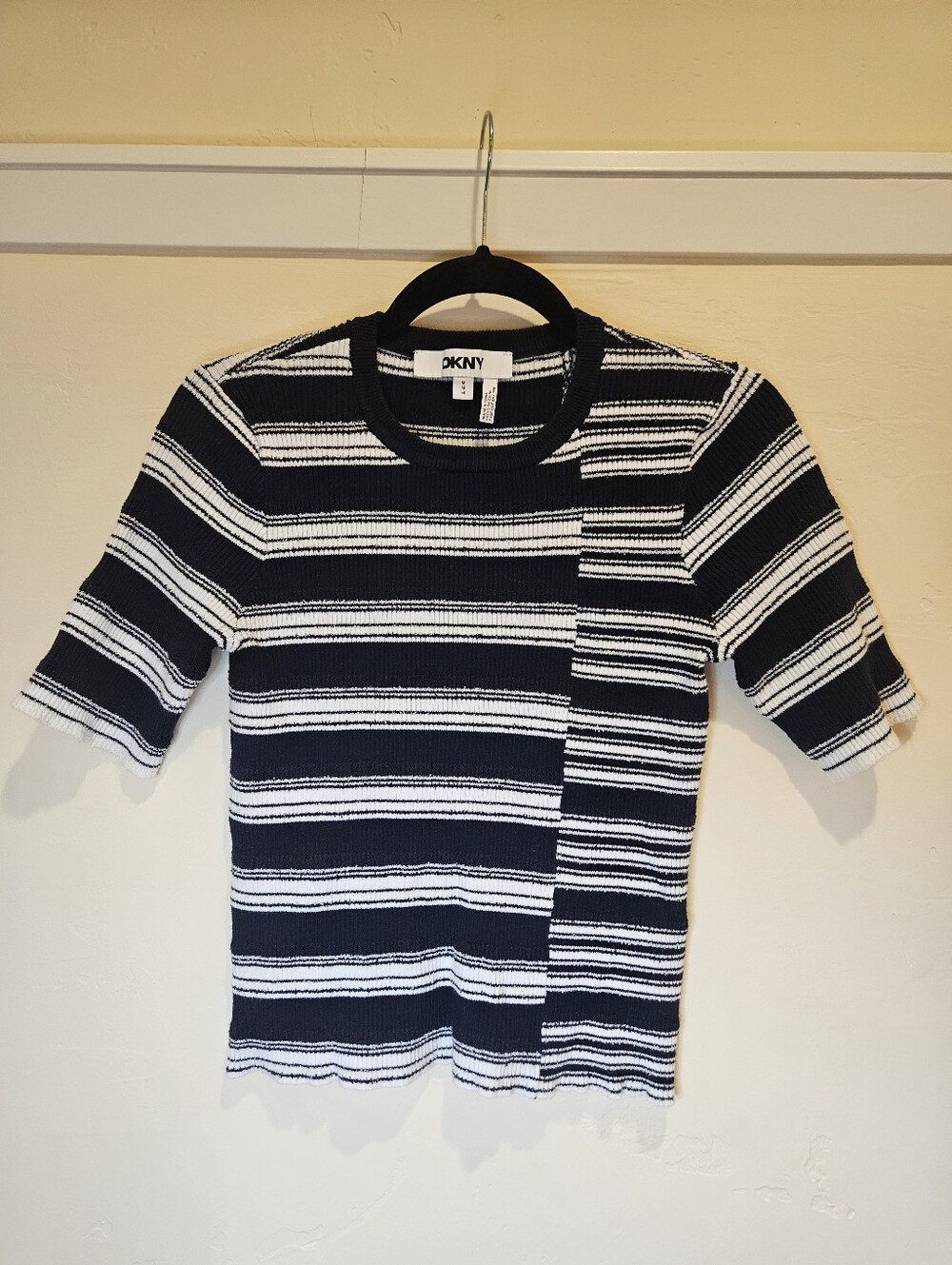 DKNY Dark Navy and White Striped Short Sleeve Top